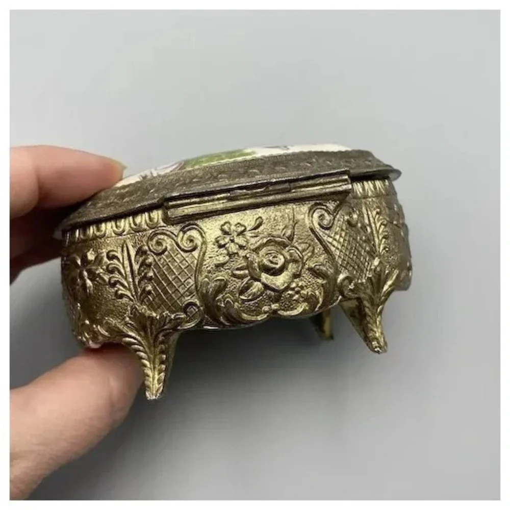 Vintage Ornate Trinket Box or Casket Courting Couple Ceramic Top Japan